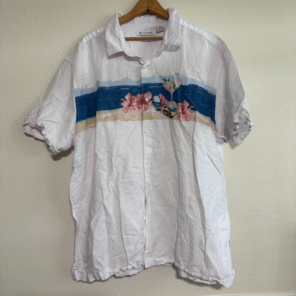 Cubavera Button-Up Short Sleeve Shirt Men's Size 2XL White Beach Cocktail Print